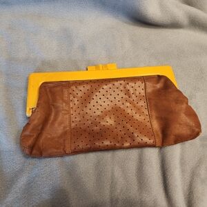 Vintage 70s Brown Leather Clutch with Lucite Closure Handle
